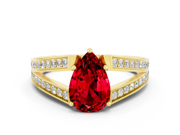 Yellow gold Pear Cut Ruby Split Shank Ring with Pavé Band and Four-Prong Setting