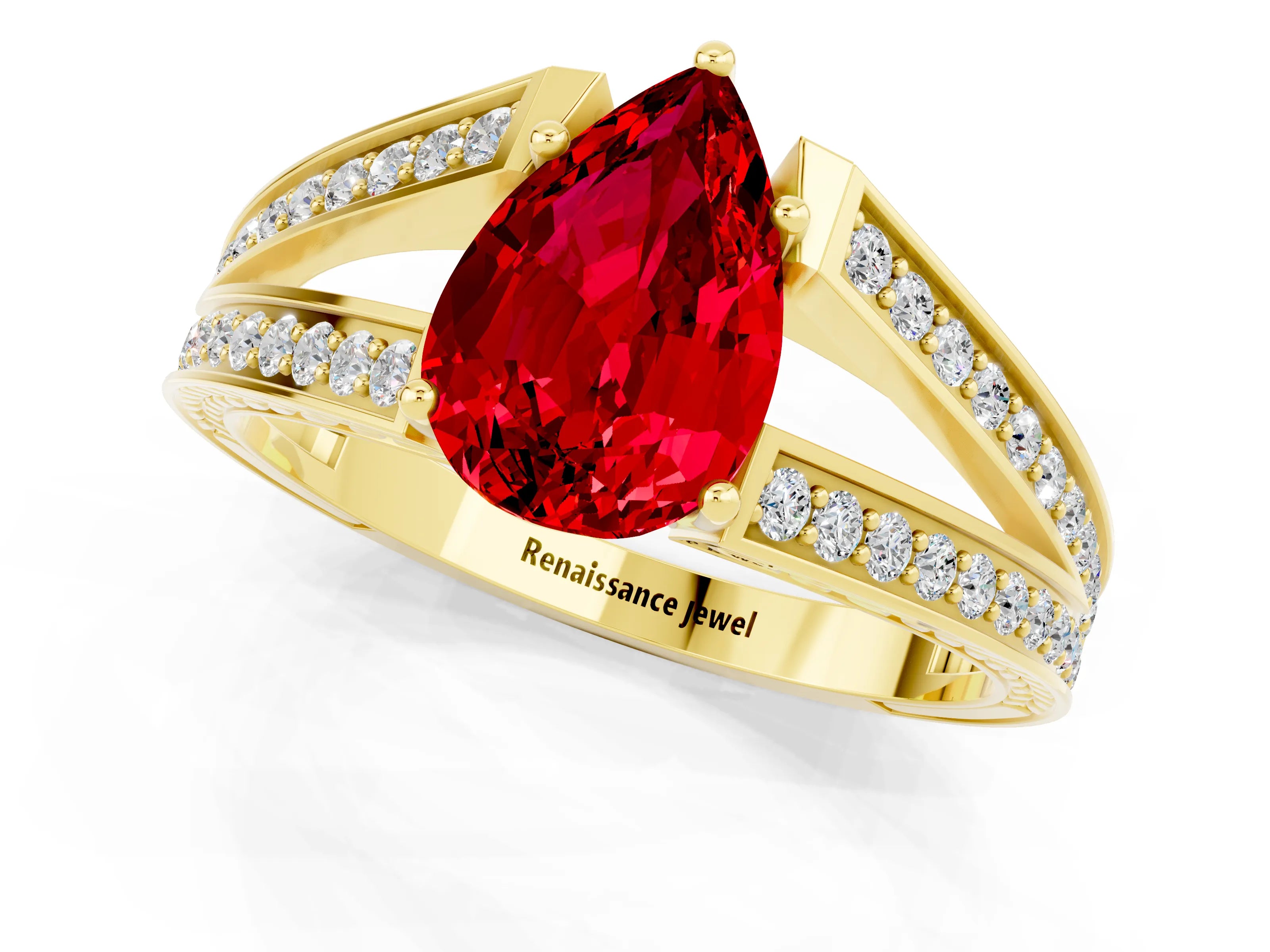 Yellow gold Pear Cut Ruby Split Shank Ring with Pavé Band and Four-Prong Setting_1