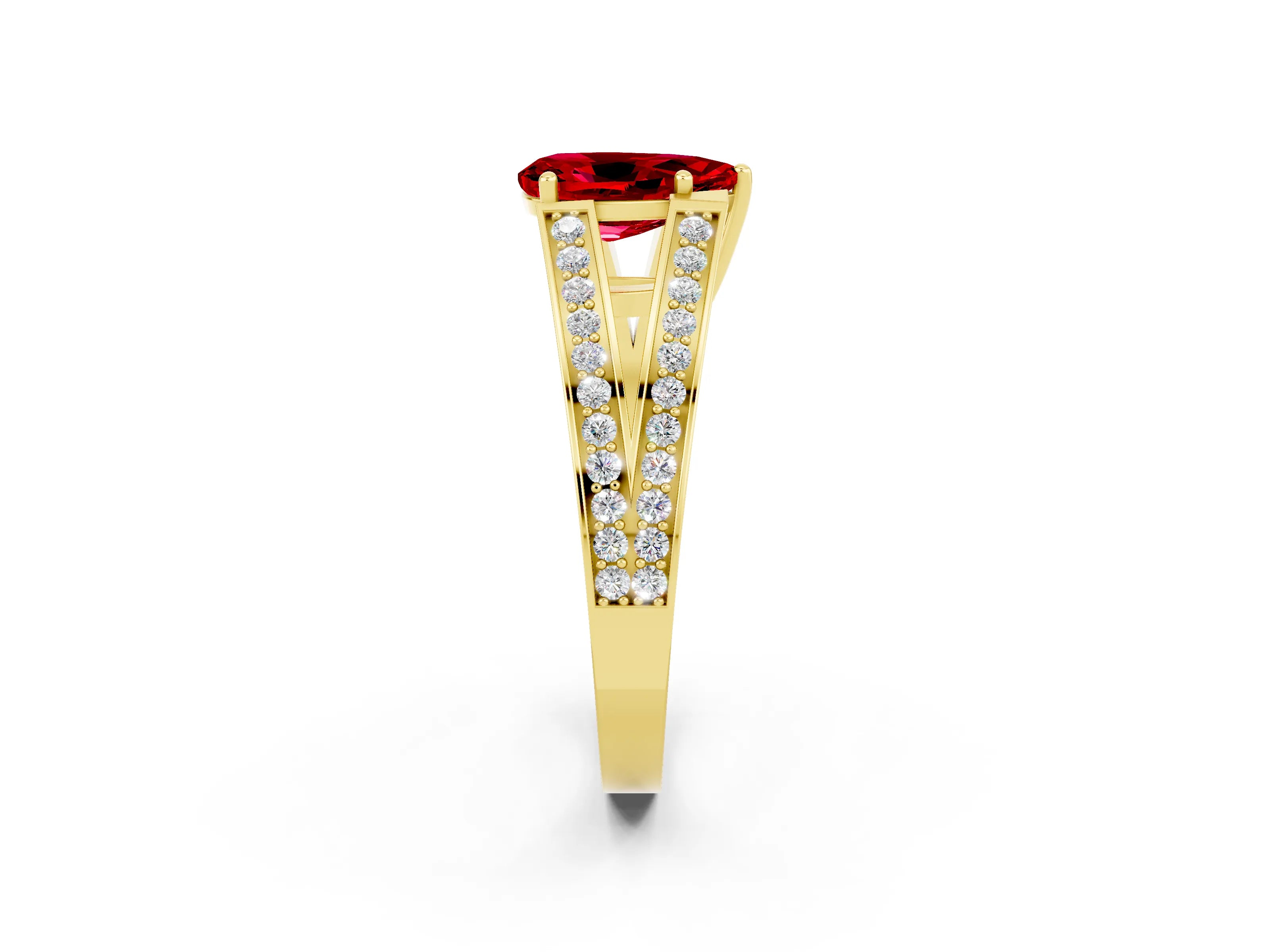 Yellow gold Pear Cut Ruby Split Shank Ring with Pavé Band and Four-Prong Setting_2