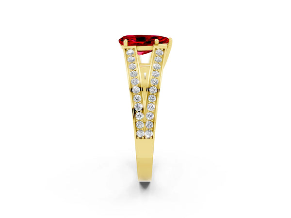 Yellow gold Pear Cut Ruby Split Shank Ring with Pavé Band and Four-Prong Setting