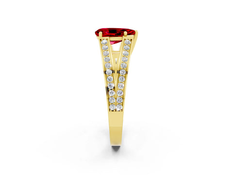 Yellow gold Pear Cut Ruby Split Shank Ring with Pavé Band and Four-Prong Setting_2