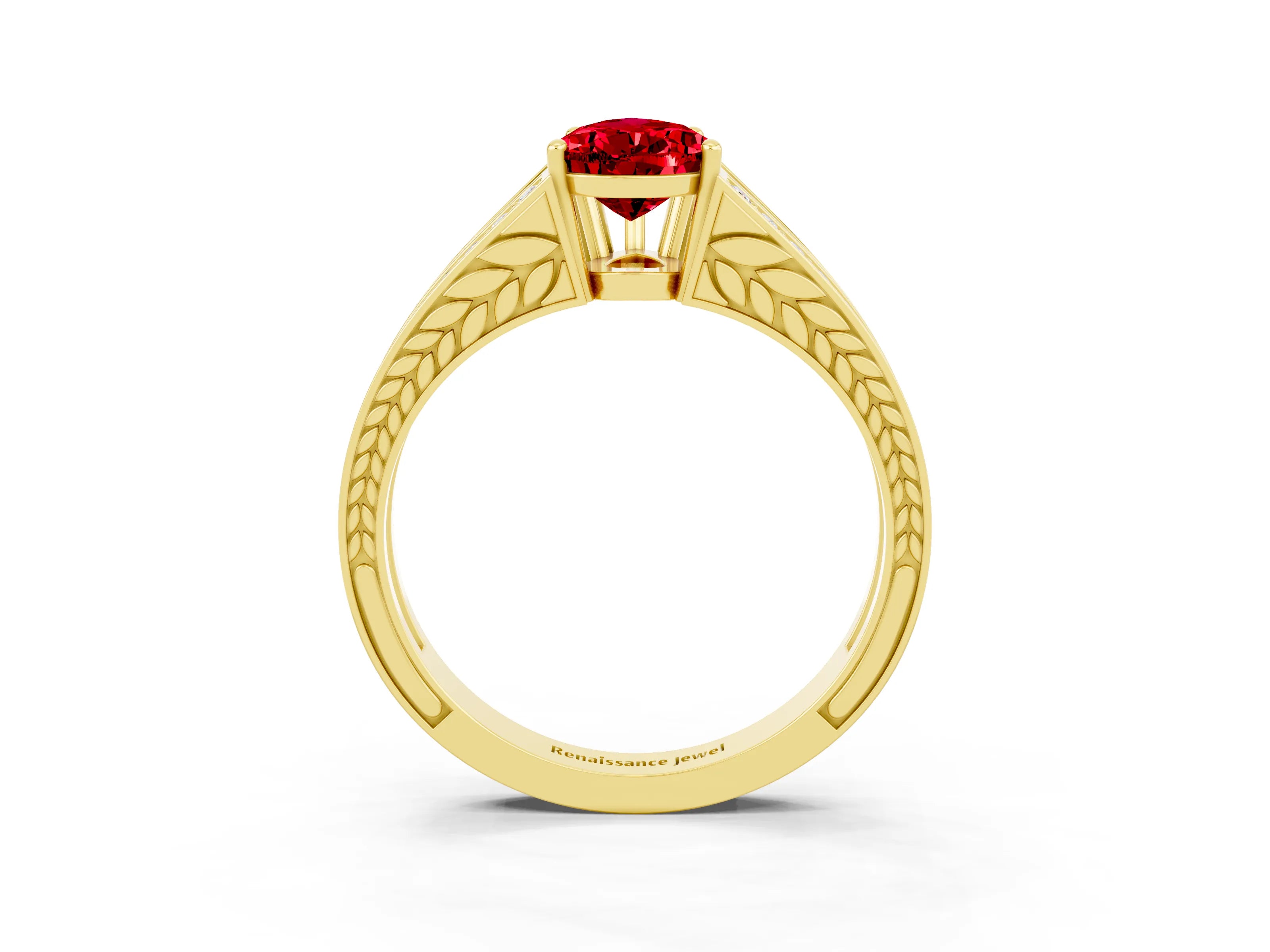 Yellow gold Pear Cut Ruby Split Shank Ring with Pavé Band and Four-Prong Setting_3