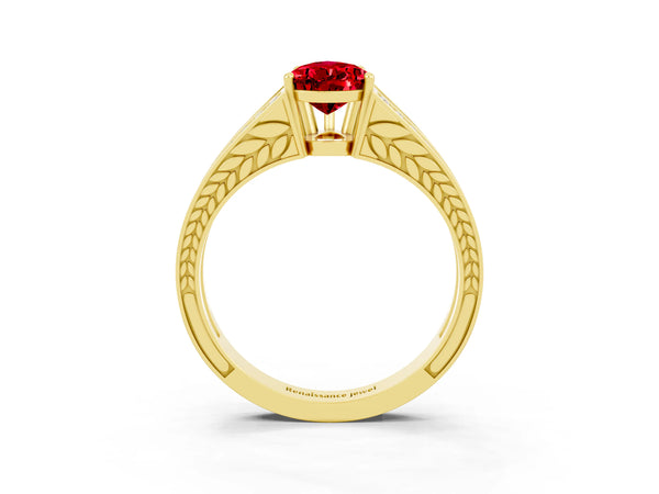 Yellow gold Pear Cut Ruby Split Shank Ring with Pavé Band and Four-Prong Setting