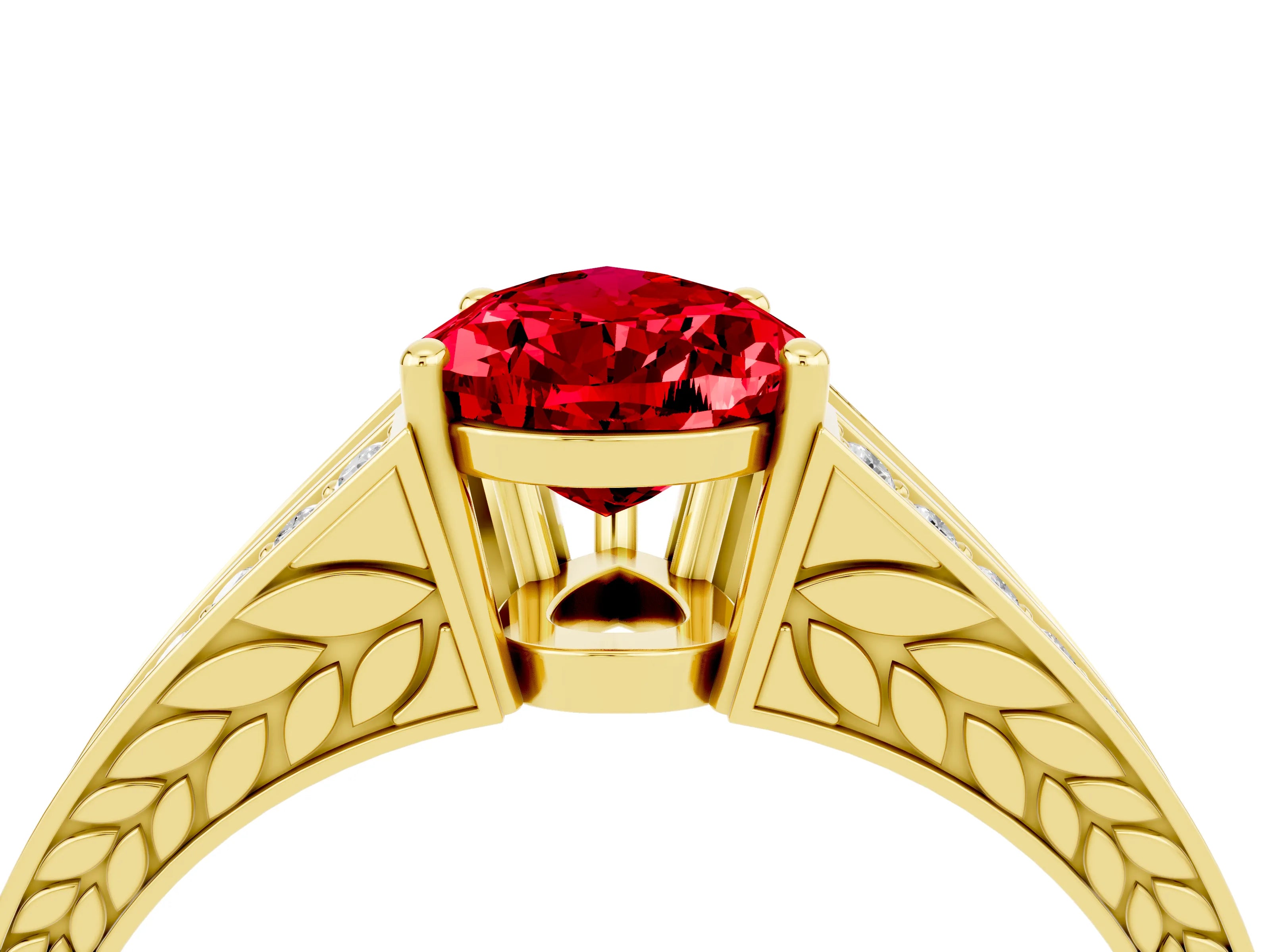 Yellow gold Pear Cut Ruby Split Shank Ring with Pavé Band and Four-Prong Setting_4