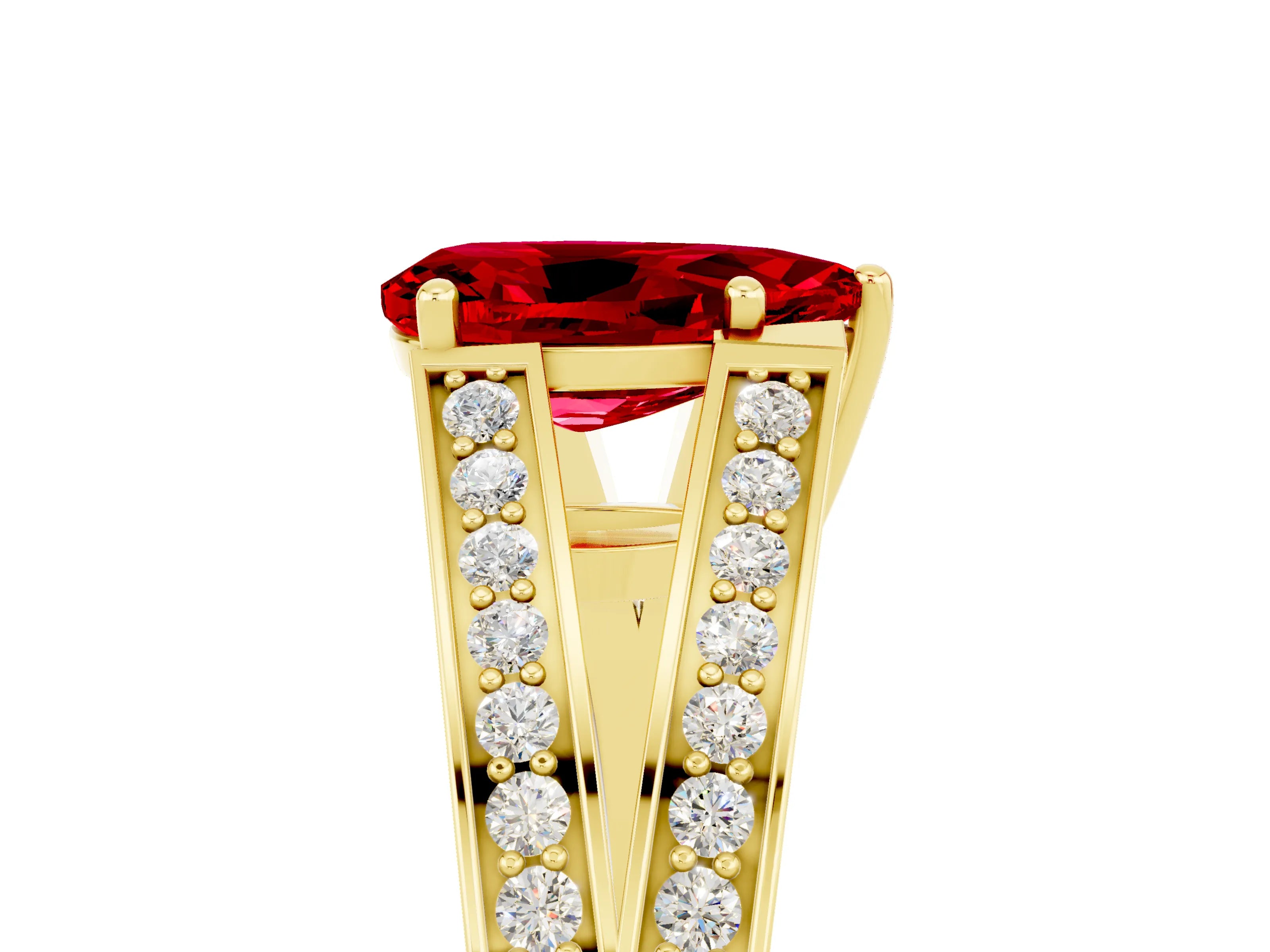 Yellow gold Pear Cut Ruby Split Shank Ring with Pavé Band and Four-Prong Setting_5