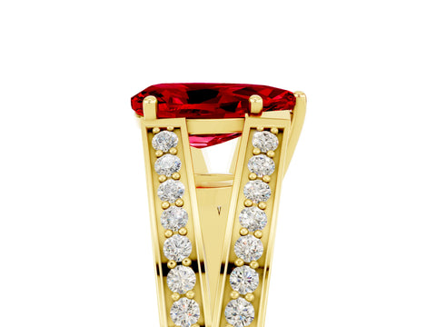 Yellow gold Pear Cut Ruby Split Shank Ring with Pavé Band and Four-Prong Setting_5