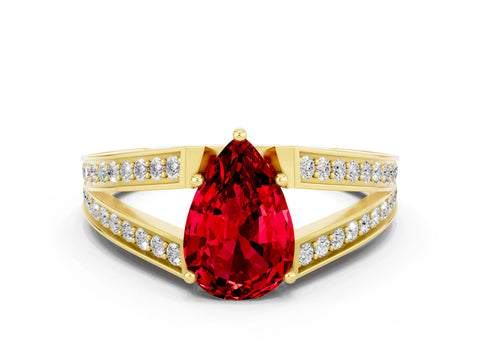 Yellow gold Pear Cut Ruby Split Shank Ring with Pavé Band and Four-Prong Setting