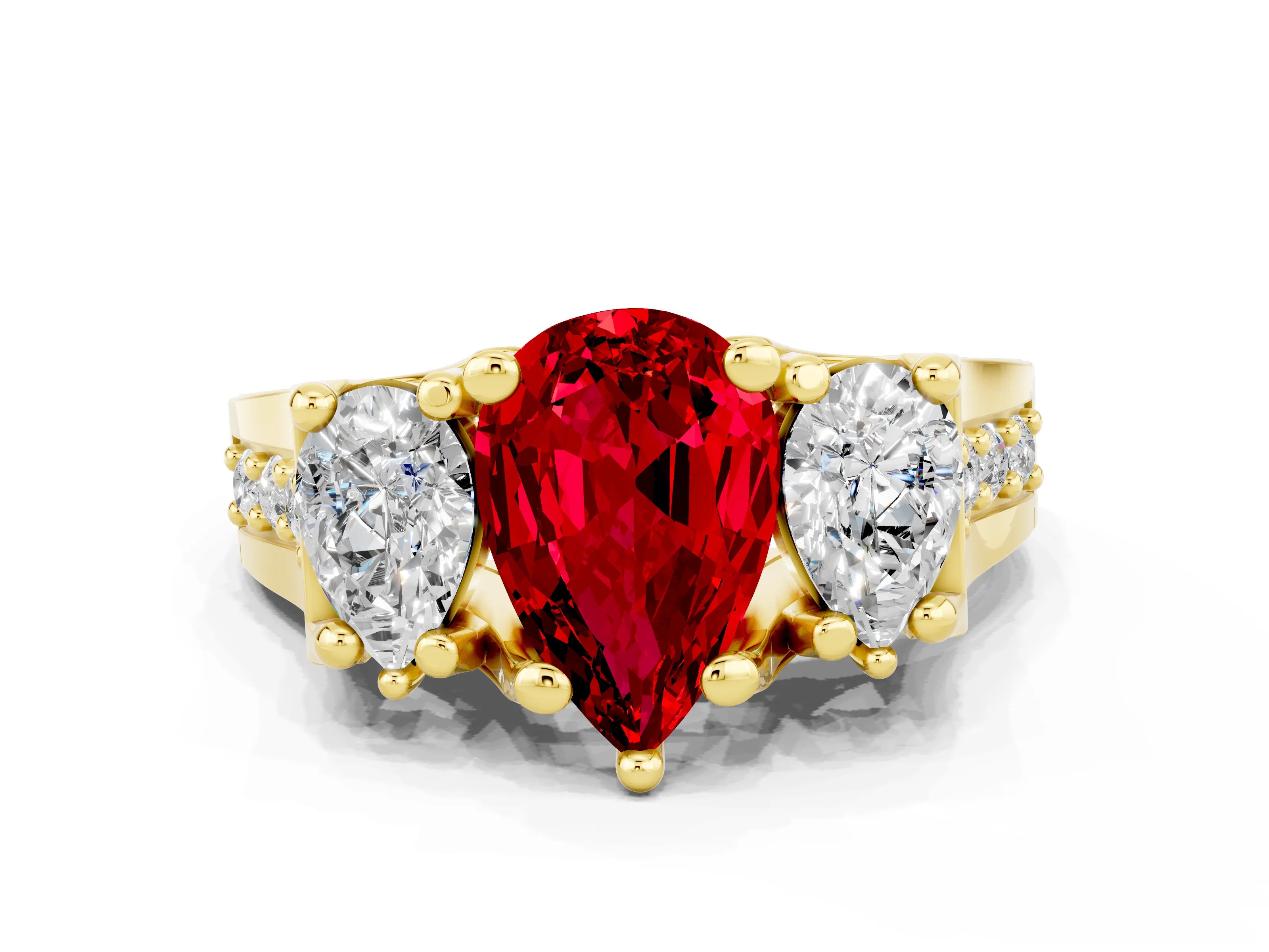 Yellow gold Pear Cut Ruby Three-Stone Ring with Channel Set Band and Four-Prong Setting