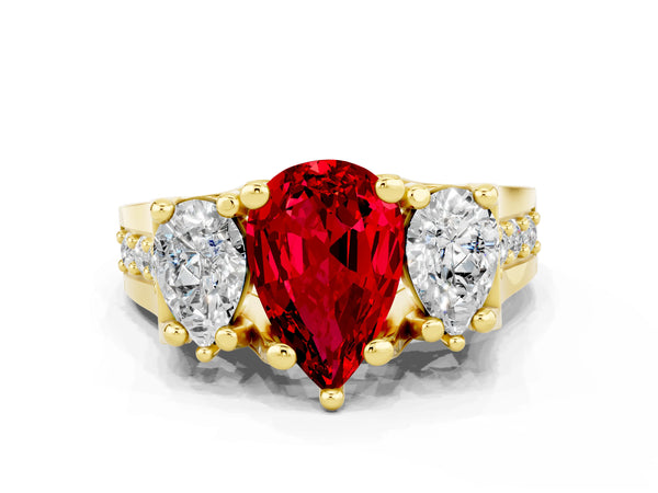 Yellow gold Pear Cut Ruby Three-Stone Ring with Channel Set Band and Four-Prong Setting