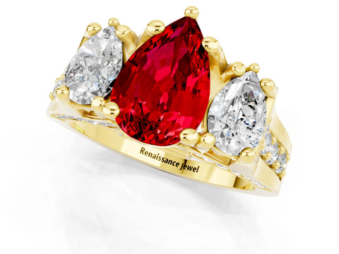 Yellow gold Pear Cut Ruby Three-Stone Ring with Channel Set Band and Four-Prong Setting_1