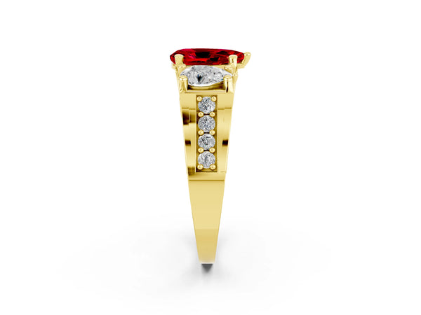 Yellow gold Pear Cut Ruby Three-Stone Ring with Channel Set Band and Four-Prong Setting
