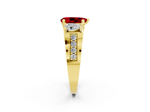 Yellow gold Pear Cut Ruby Three-Stone Ring with Channel Set Band and Four-Prong Setting_2