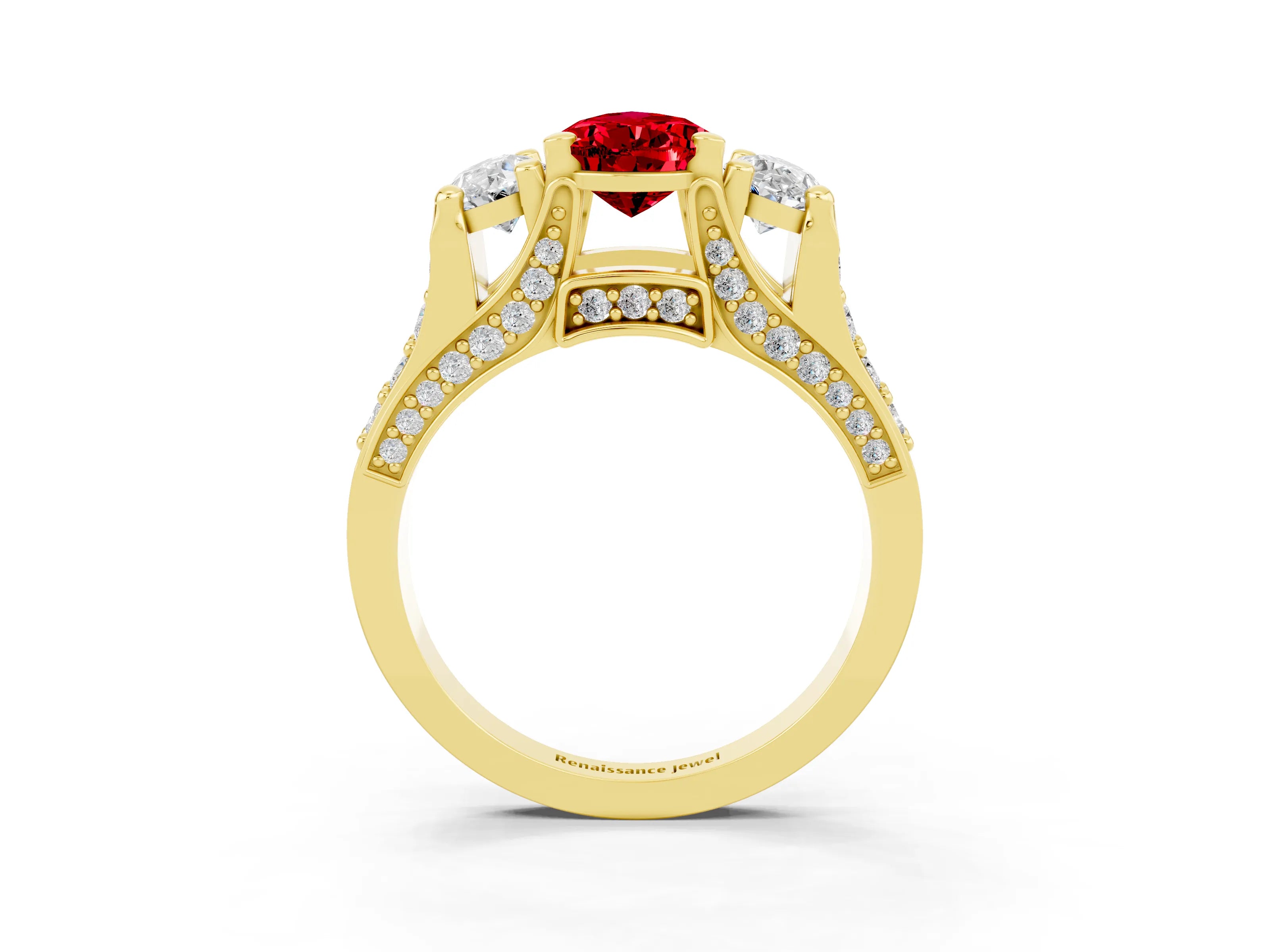 Yellow gold Pear Cut Ruby Three-Stone Ring with Channel Set Band and Four-Prong Setting_3
