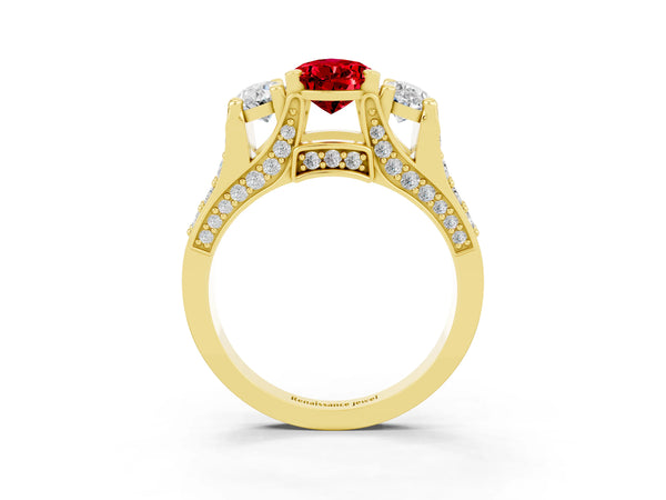 Yellow gold Pear Cut Ruby Three-Stone Ring with Channel Set Band and Four-Prong Setting