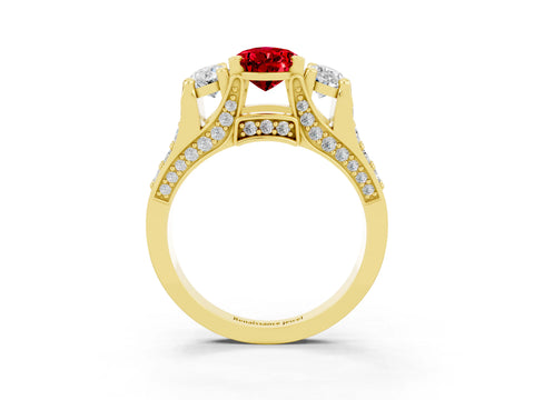 Yellow gold Pear Cut Ruby Three-Stone Ring with Channel Set Band and Four-Prong Setting_3