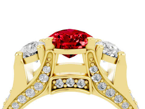 Yellow gold Pear Cut Ruby Three-Stone Ring with Channel Set Band and Four-Prong Setting_4