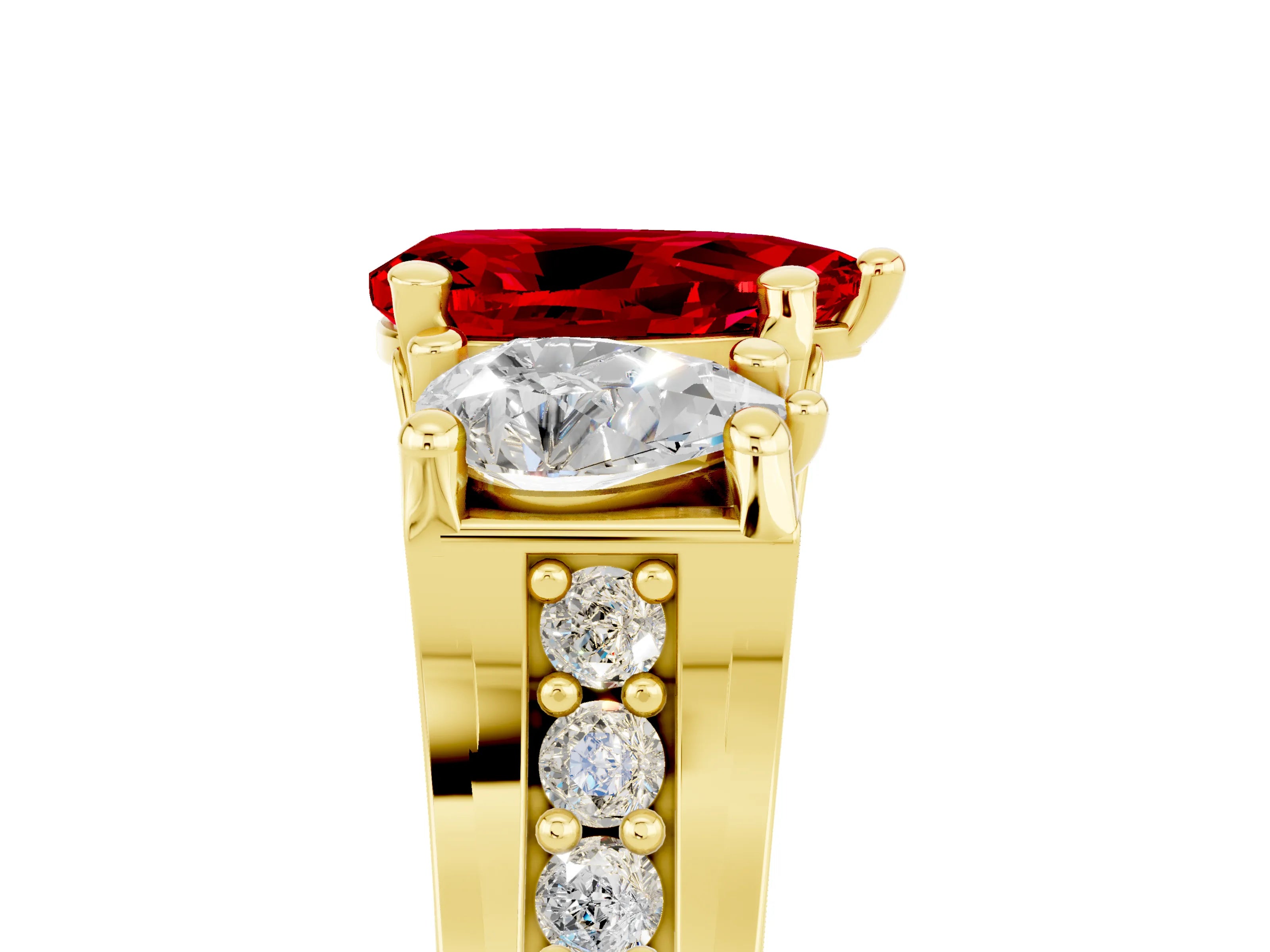 Yellow gold Pear Cut Ruby Three-Stone Ring with Channel Set Band and Four-Prong Setting_5