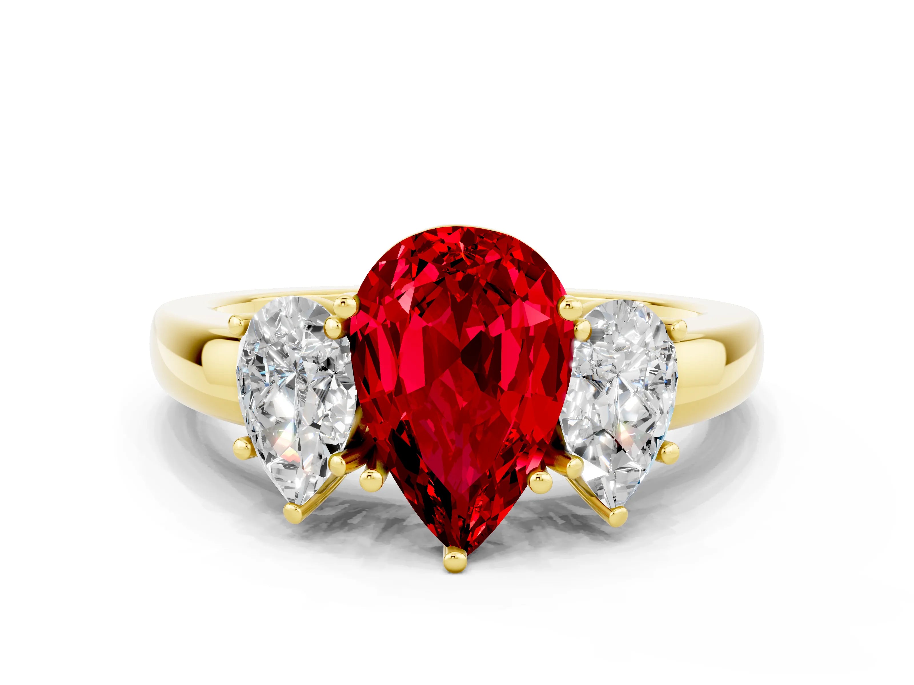 Yellow gold Pear Cut Ruby Three-Stone Ring with Four-Prong Setting and Classic Band