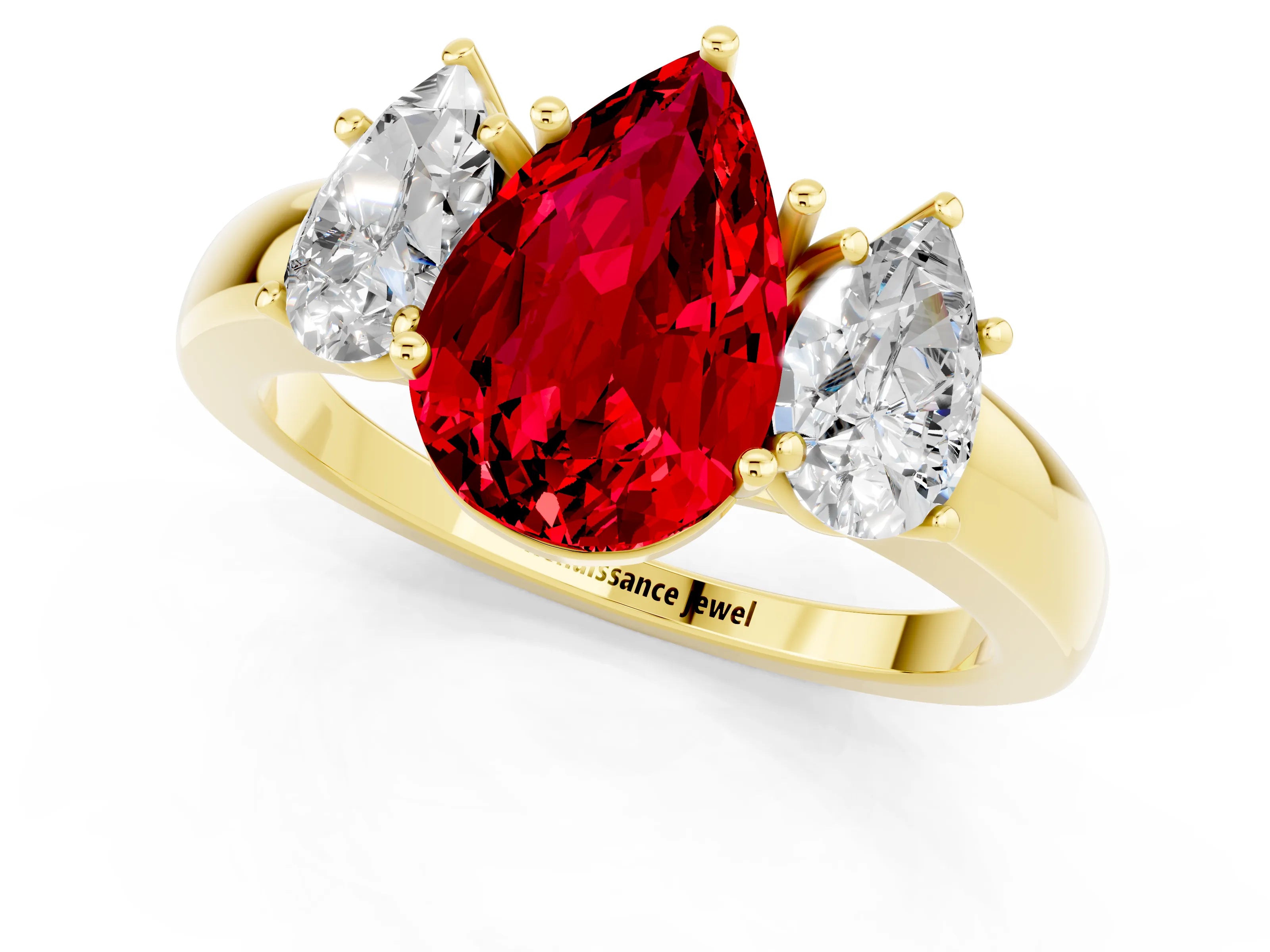 Yellow gold Pear Cut Ruby Three-Stone Ring with Four-Prong Setting and Classic Band_1