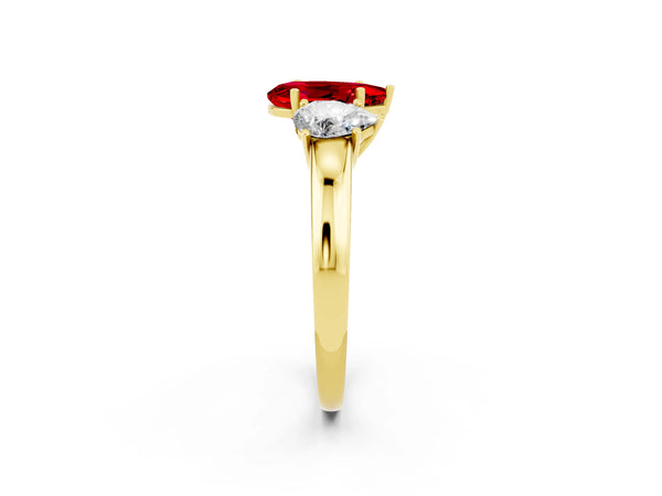 Yellow gold Pear Cut Ruby Three-Stone Ring with Four-Prong Setting and Classic Band