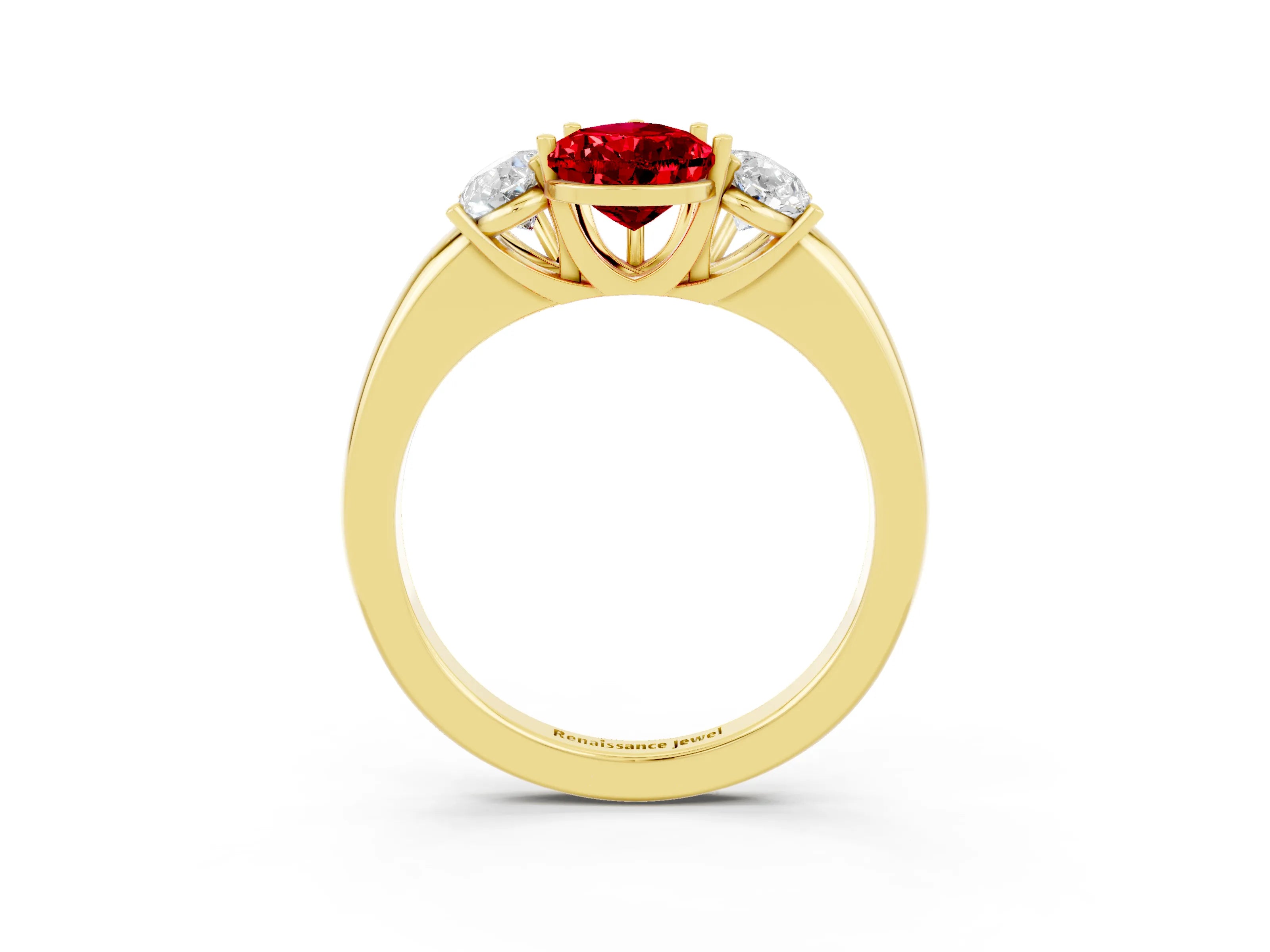 Yellow gold Pear Cut Ruby Three-Stone Ring with Four-Prong Setting and Classic Band_3