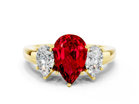 Yellow gold Pear Cut Ruby Three-Stone Ring with Four-Prong Setting and Classic Band