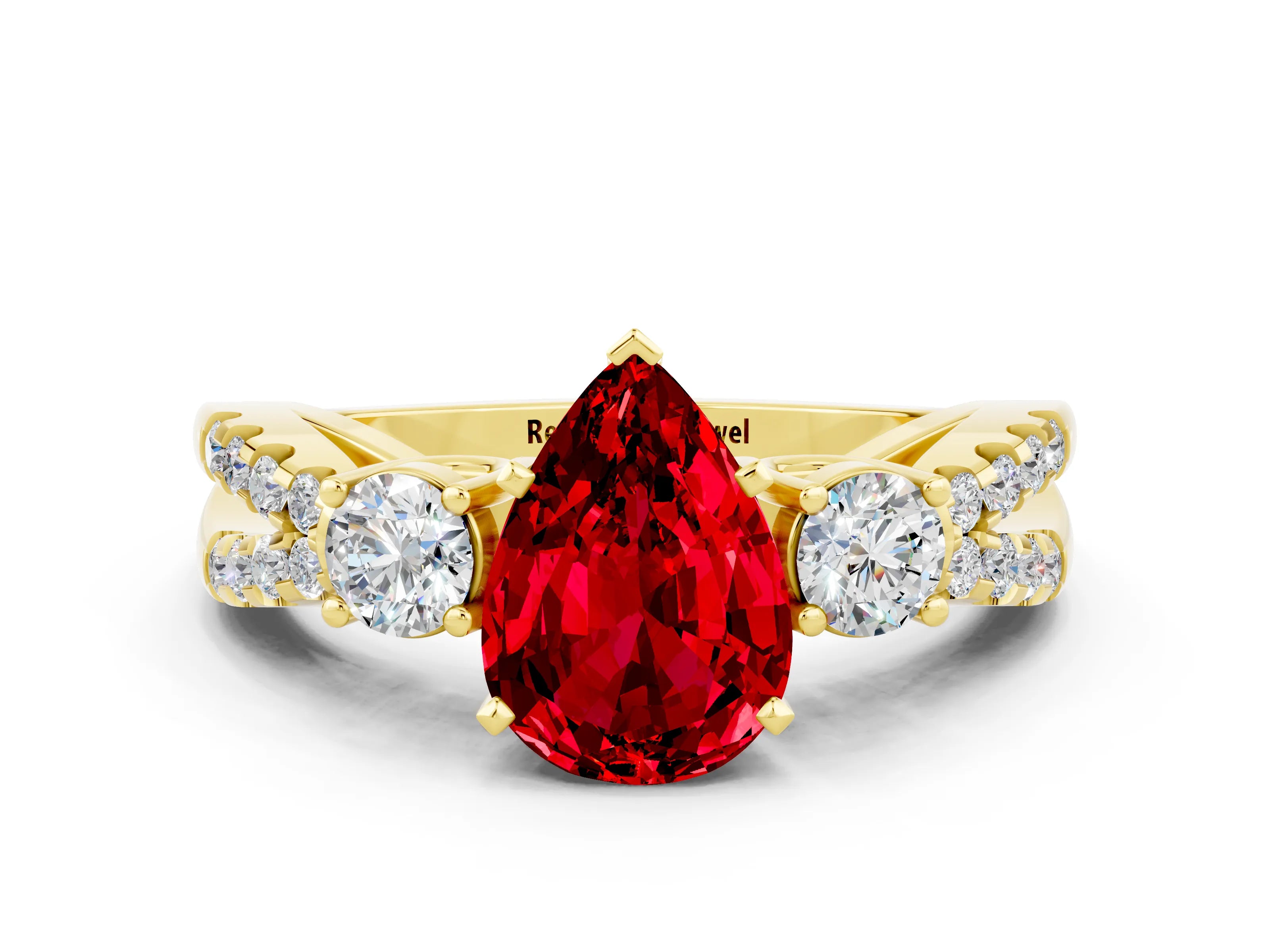 Yellow gold Pear Cut Ruby Three-Stone Ring with Pavé Split Shank and Four-Prong Setting_12