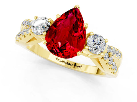 Yellow gold Pear Cut Ruby Three-Stone Ring with Pavé Split Shank and Four-Prong Setting_13
