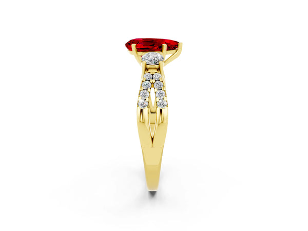 Yellow gold Pear Cut Ruby Three-Stone Ring with Pavé Split Shank and Four-Prong Setting