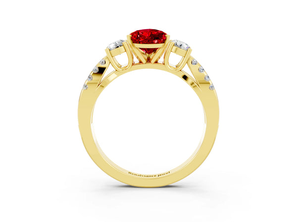 Yellow gold Pear Cut Ruby Three-Stone Ring with Pavé Split Shank and Four-Prong Setting