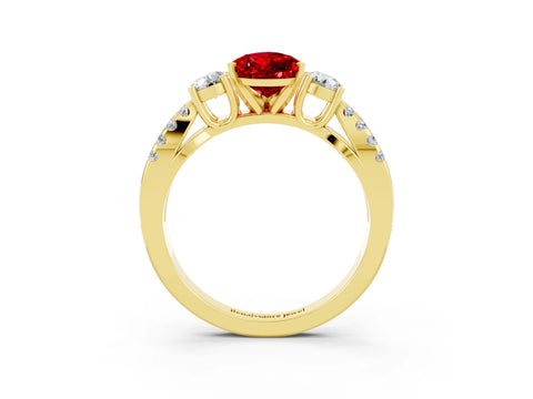 Yellow gold Pear Cut Ruby Three-Stone Ring with Pavé Split Shank and Four-Prong Setting_15