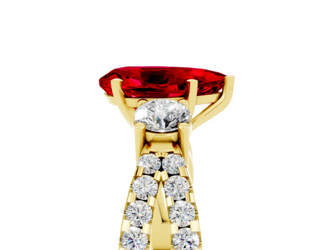 Yellow gold Pear Cut Ruby Three-Stone Ring with Pavé Split Shank and Four-Prong Setting_17