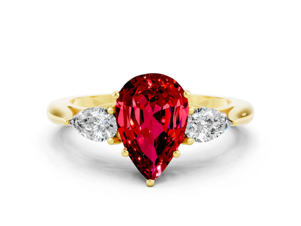 Yellow gold Pear Cut Ruby Three-Stone Ring with Pear  Side Stones and Prong Setting