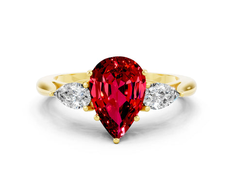 Yellow gold Pear Cut Ruby Three-Stone Ring with Pear Side Stones and Four-Prong Setting_12