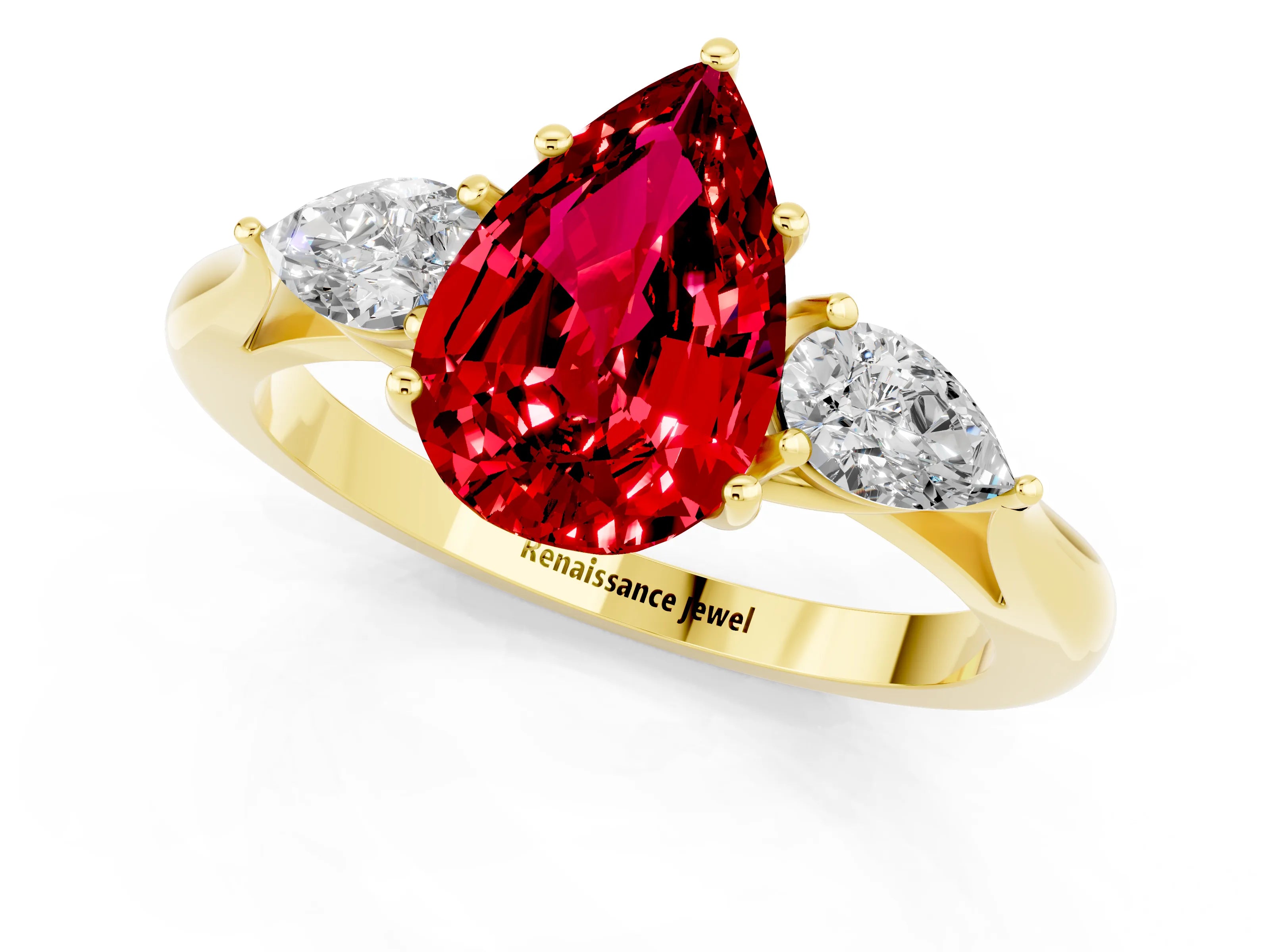 Yellow gold Pear Cut Ruby Three-Stone Ring with Pear Side Stones and Four-Prong Setting_13