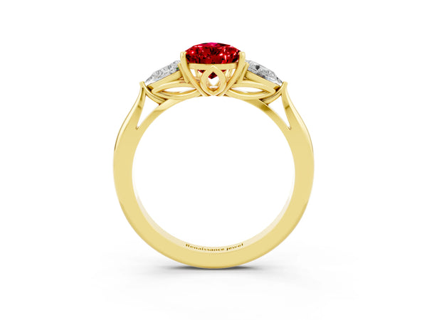 Yellow gold Pear Cut Ruby Three-Stone Ring with Pear  Side Stones and Prong Setting
