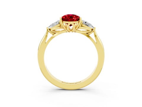 Yellow gold Pear Cut Ruby Three-Stone Ring with Pear Side Stones and Four-Prong Setting_15