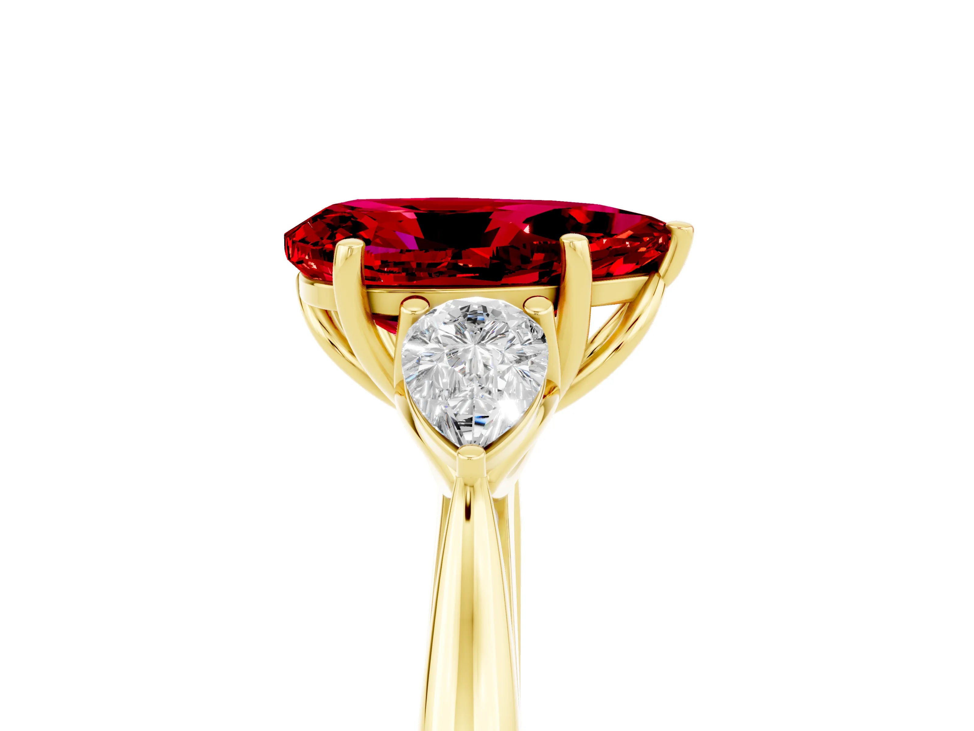 Yellow gold Pear Cut Ruby Three-Stone Ring with Pear Side Stones and Four-Prong Setting_17