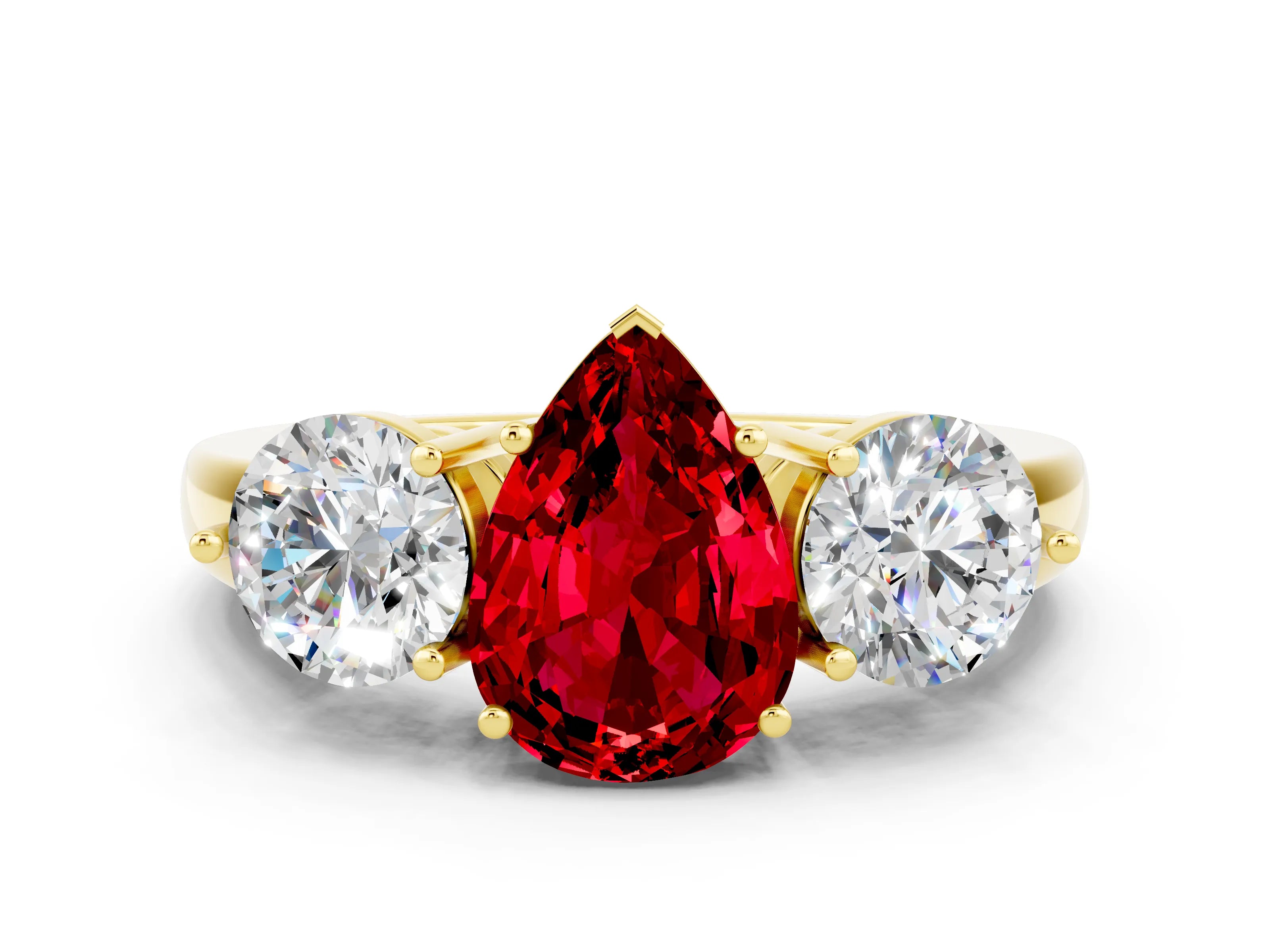 Yellow gold Pear Cut Ruby Three-Stone Ring with Prong Setting and Classic Band