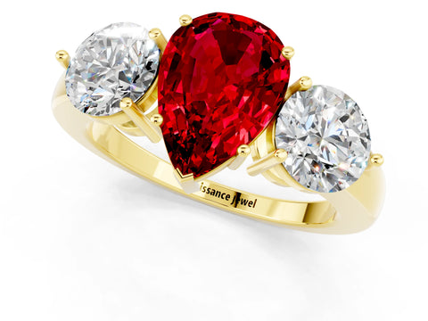Yellow gold Pear Cut Ruby Three-Stone Ring with Prong Setting and Classic Band_1