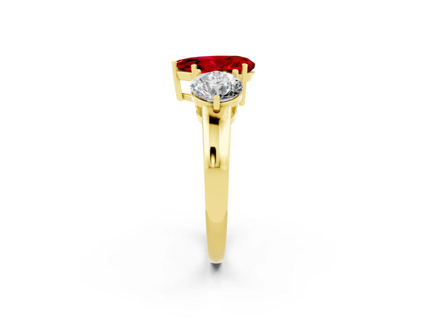 Yellow gold Pear Cut Ruby Three-Stone Ring with Prong Setting and Classic Band