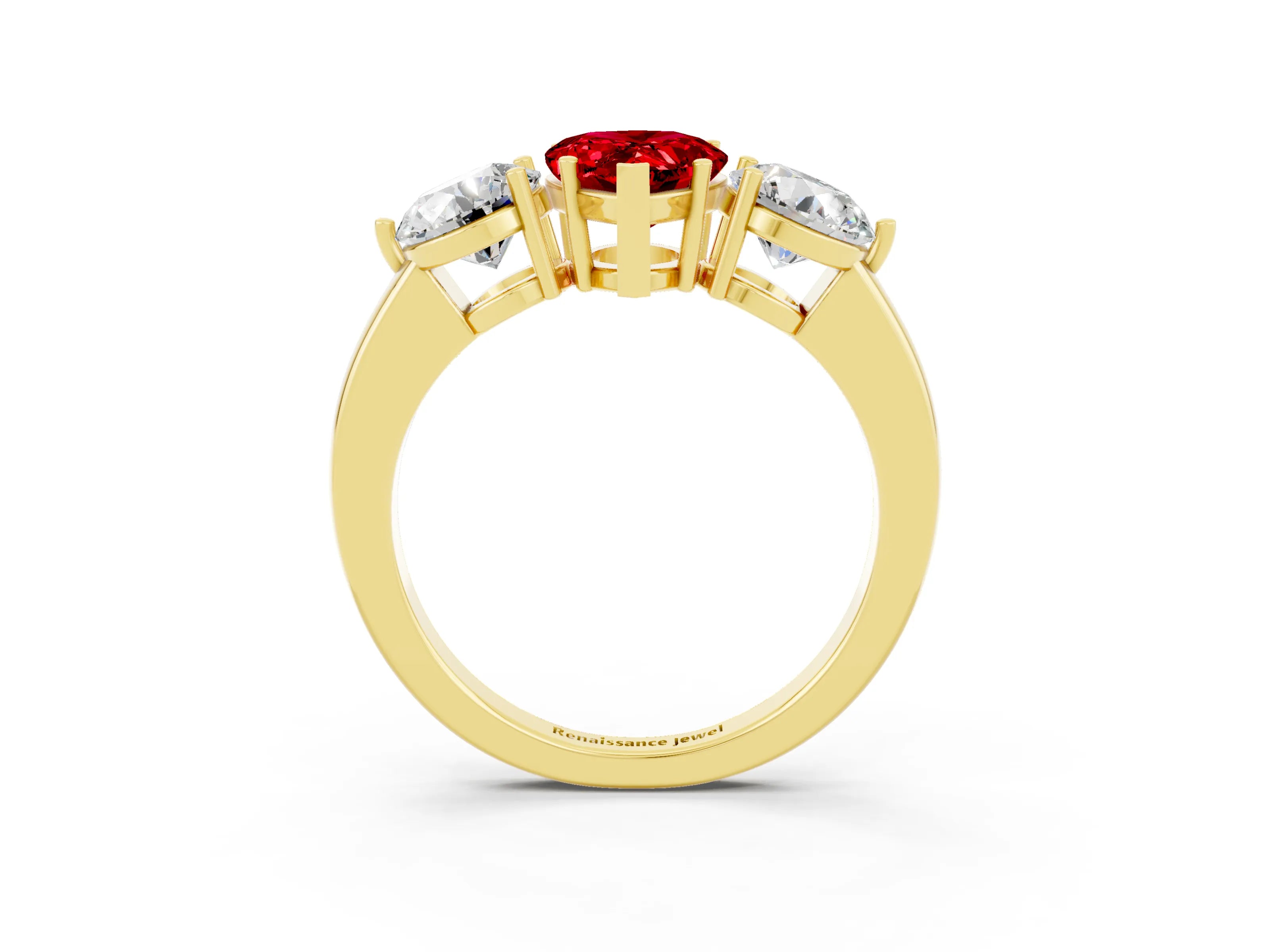 Yellow gold Pear Cut Ruby Three-Stone Ring with Prong Setting and Classic Band_3