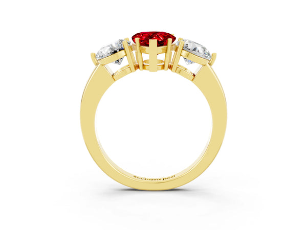 Yellow gold Pear Cut Ruby Three-Stone Ring with Prong Setting and Classic Band