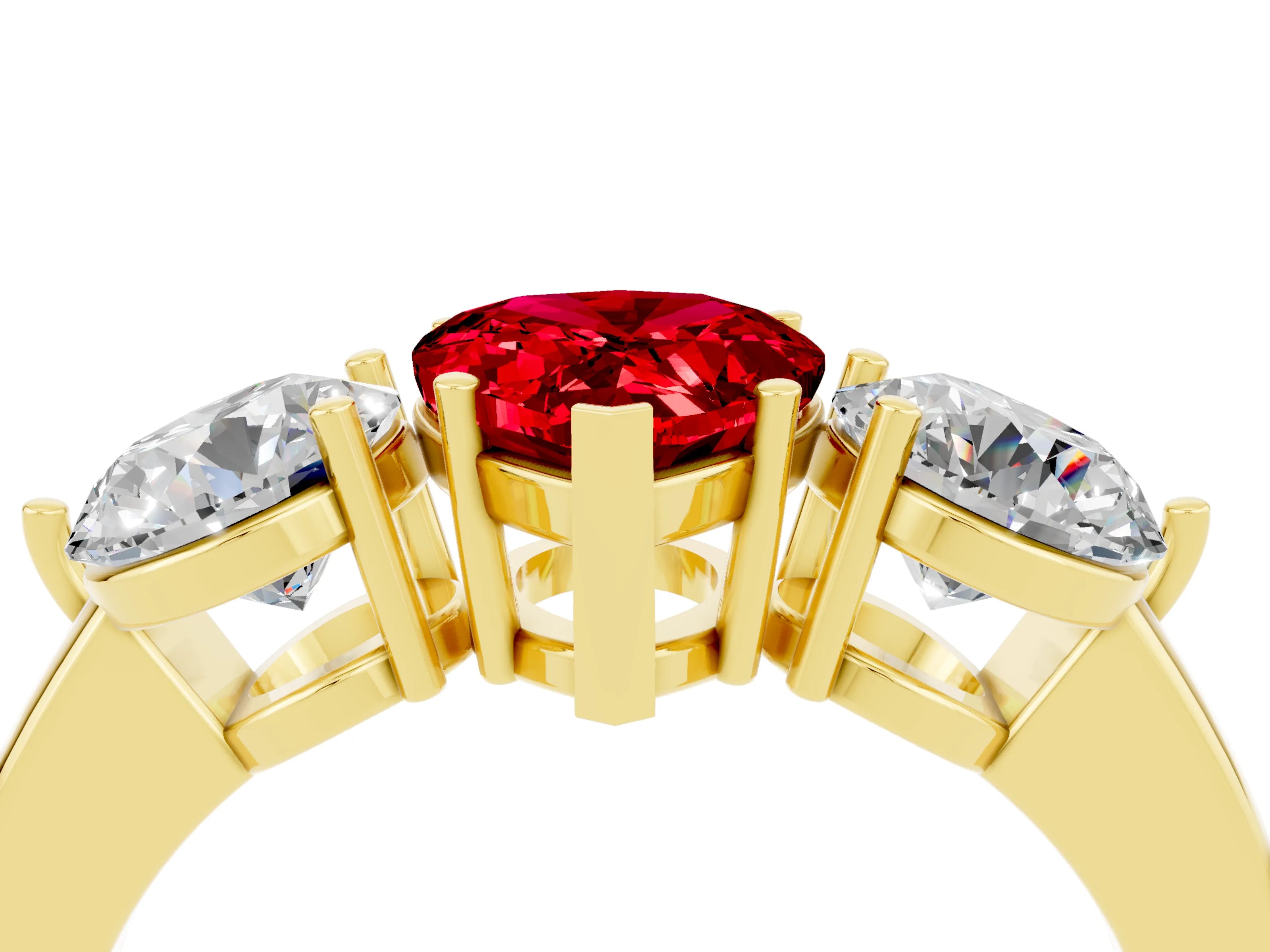 Yellow gold Pear Cut Ruby Three-Stone Ring with Prong Setting and Classic Band_4