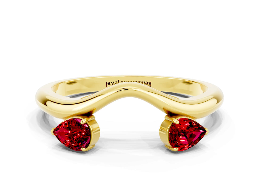 Yellow gold Pear Cut Ruby Two-Stone Open Band Ring with Prong Setting_6
