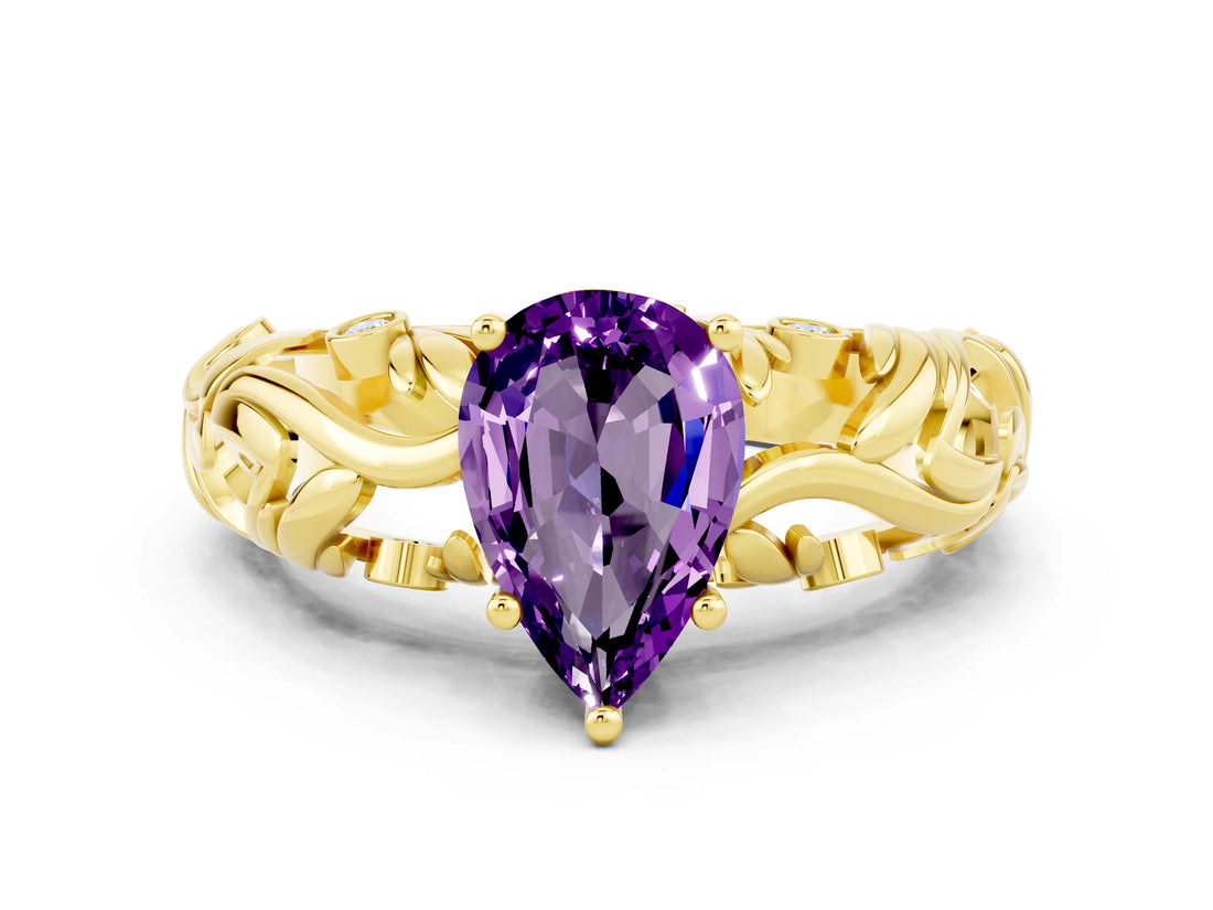 Yellow gold Pear Cut Solitaire Amethyst Leaf-Inspired Vine Band Ring with Prong Setting