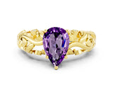 Yellow gold Pear Cut Solitaire Amethyst Leaf-Inspired Vine Band Ring with Prong Setting