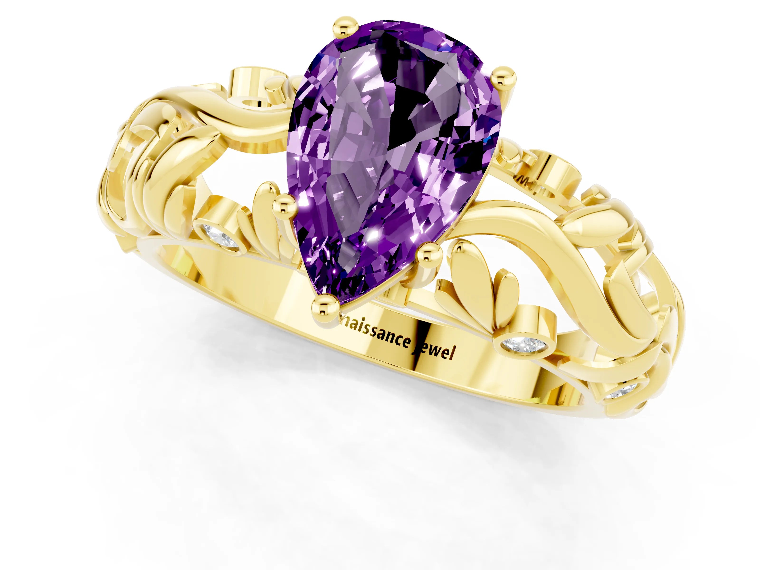 Yellow gold Pear Cut Solitaire Amethyst Leaf-Inspired Vine Band Ring with Prong Setting_1