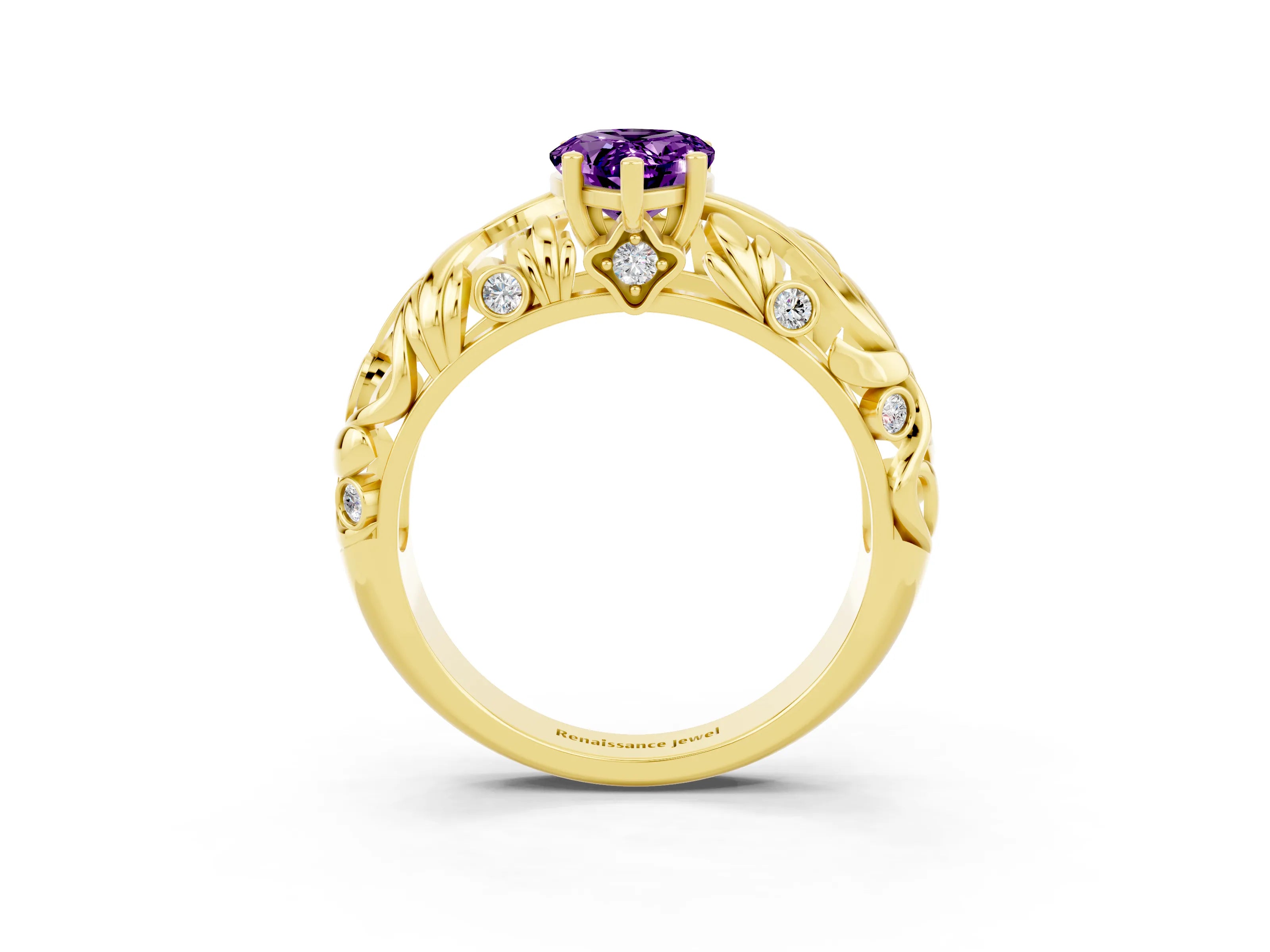 Yellow gold Pear Cut Solitaire Amethyst Leaf-Inspired Vine Band Ring with Prong Setting_3