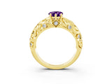 Yellow gold Pear Cut Solitaire Amethyst Leaf-Inspired Vine Band Ring with Prong Setting_3